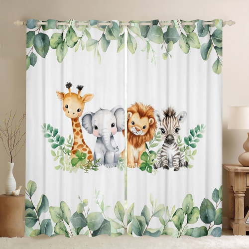 Manfei Jungle Animal Party Blackout Curtains, Giraffe Lion Elephant Curtains Pack of 2 (38x45 Each), Cute Wildlife Window Curtains, Curtains and Drapes Room Decorative