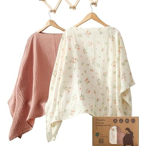 Nursing Cover for Breastfeeding, 2 Pack, 100% Cotton Muslin, 360° Privacy, Lightweight & Breathable, Multi-Use Baby Car Seat & Stroller Cover, Apricot Cream & Lotus Pink