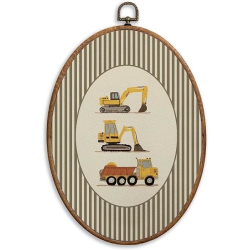 SONMYSULIL Vintage Construction Boy Nursery Wall Art Decor, Kids Room Oval Wall Hanging Decor, Construction Framed Canvas Prints for Home Kids Toddler Boys Room Bedroom Playroom, 8.6x11.4 Inch