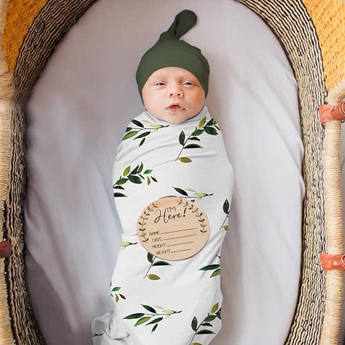 Ylsteed Baby Swaddle Blanket and Headband Set, Newborn Receiving Blanket Swaddle Wrap for Girls Boys, Swaddling Blankets Neutral for Newborn，Soft and Skin-Friendly Receiving Wrap 32*32"(Green leaves)