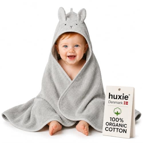 Hooded Baby Bath Towel, 100% Organic Cotton, Super-Soft 32"x32" | GOTS-certified, highly absorbent & quick-dry, snug hood from newborn to toddler, gentle baby gift (Rabbit - Pearl Grey)