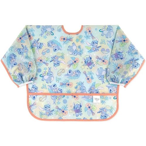 Bumkins Disney Sleeved Bib for Girl or Boy, Baby and Toddler for 6-24 Mos, Essential Must Have for Eating, Feeding, Baby Led Weaning Supplies, Long Sleeve Mess Saving Food Catcher, Aloha Stitch