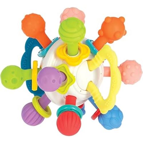 Nuby Twist Ball Teether Activity Toy with Rattle and Fun Bright Colors - Montessori Sensory Toy Develops Fine Motor Skills - 3 + Months - Easter Basket Stuffer