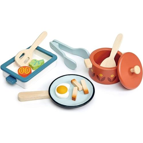Tender Leaf Toys - Pots and Pans - 13 Pcs Wooden Pretend Cooking Playset, Play Kitchen Cookware Accessories Set for Kids - Age 3+
