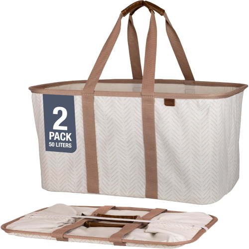 CleverMade Collapsible Laundry Tote, 2PK, 50L, Cream Herringbone, Handles, Fabric, Steel, Plastic