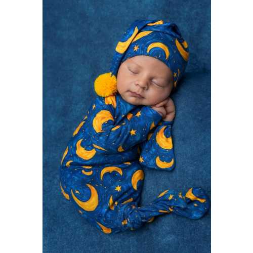 Moon & Stars Baby Sleeper Gown Set – Blue and Yellow Night Sky Newborn Outfit with Matching Bow Headband and Hat – Baby Shower Gift