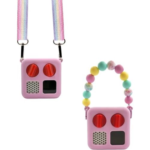 Silicone Case for Yoto Mini with Shoulder Strap and Silicone Bead Handle, Easy to Grab for Kids with Cute Color Options, Travel Adventure Jacket Silicone Cover Yoto Mini Accessories, Pink