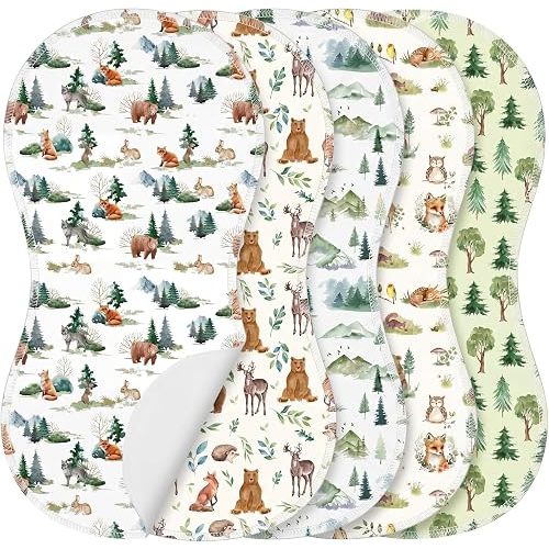 SmoothNovelty 5 Pack Woodland Animal Baby Burp Cloths for Newborns, 19"x9"