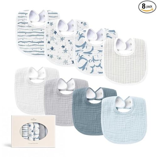 Konssy 8-Pack Muslin Baby Bibs, Adjustable Fit for Drooling and Teething