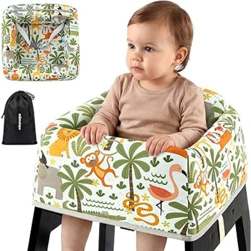 Mamatepe Baby High Chair Cover Restaurant with Strap Pads & 2-Point Harness - Machine Washable, Waterproof, Portable for Restaurant/Travel/Home - Fits Wooden High Chairs, Green Forest