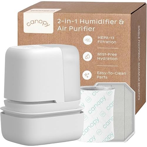Canopy Wellness Tower – Bedside Humidifier + Air Purifier Combo | HEPA-13 Filtration, No-Mist Evaporative Hydration, 36-Hour Run Time, White Noise & Adjustable Sleep Lights - White