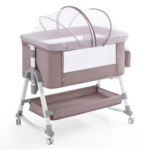 3 in 1 Baby Bassinet, Rocking Bassinets Bedside Sleeper with Comfy Mattress and Wheels, Height Adjustable Easy Folding Portable Bedside Crib for Newborn Infant,Deep Khaki