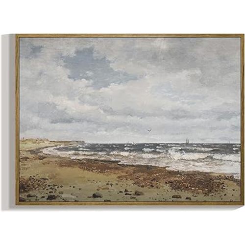 RaphelArt Framed Canvas Wall Art Home Decor,The The Chill Bay with Cloud Vintage Decor,Aesthetic Landscape Oil Painting Canvas Wall Art Decor for Living Room,Office,Bedroom,Bathroom,Kitchen,12''x16''