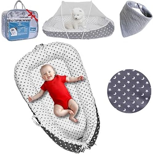 Baby Lounger for 0-24 Months Baby Girl & Boy with Mosquito Net & Baby Bib I 100% Cotton Breathable & Soft Nest I Reversible Design, Portable & Lightweight Infant Lounger (Classic Gray, White)