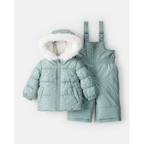 Baby Girl 2-Piece Polka Dot Hooded Snowsuit Jacket & Bib Set - Green - OshKosh | Carter's