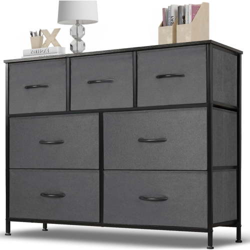 7 Drawer Dresser, Wide Chest Of Drawers Nightstand Storage Tower Storage Dresser Fabric Dresser With Wood Top for Living Room, Bedroom, Hallway, , Grey