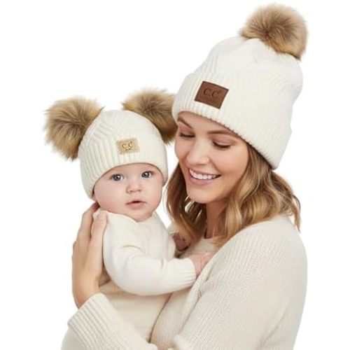 Funky Junque Mommy & Me Double Pom Beanies – Mama & Mini Matching Winter Outfits, Mom & Infant Baby Girl Beanie Hat Set