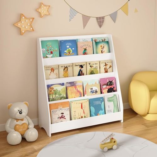 4-Tier Kids Bookshelf, 4 Layer Sling Book Shelf for Kids Rooms, Toddler Bookshelf with Deep Sleeves, Wood Children Bookcase, Book Display Shelf, Montessori Bookcase for Bedroom, Nursery, White