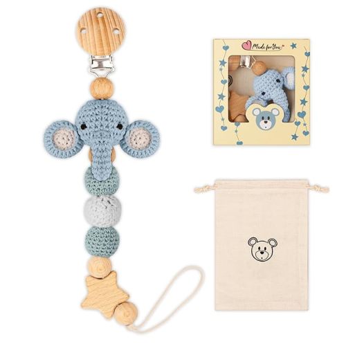 Pacifier Clip, 2 Pack Pacifier Holder for Boys and Girls, Cute Deer Handmade Knitted Christmas Pacifier Clip Fits for Most Pacifier, Baby Teethers, Baby Shower and Baby Gift(Elephant&Deer)