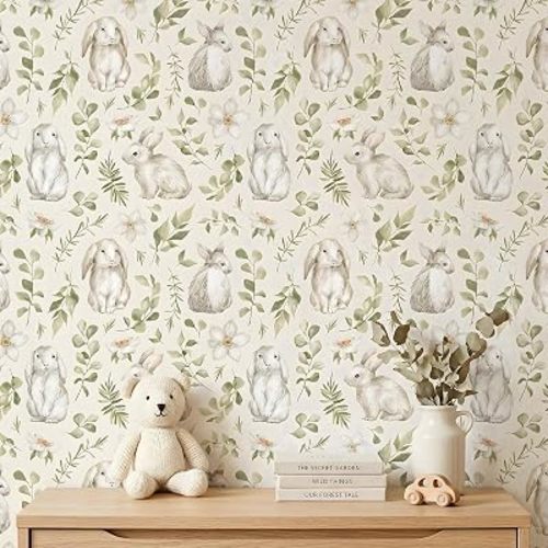 ReWallpaper Bunny Peel and Stick Wallpaper Removable Cream Beige Botanical Watercolor Rabbit Floral Contact Paper for Nursery Corner Reading Nook Dresser Drawer Shelf Accent Wall Decor 17.5in x 10ft