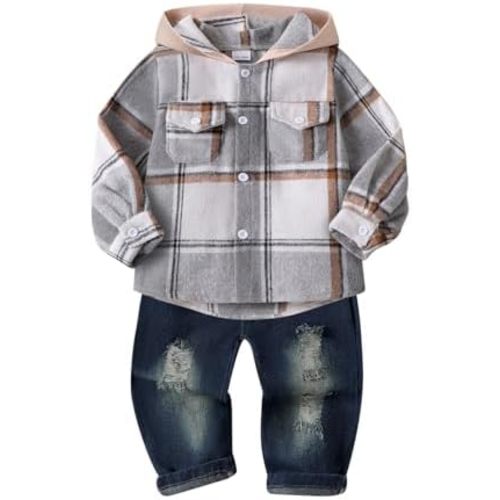 Toddler Baby Boy Fall Winter Clothes Long Sleeve Plaid Hooded Sweatshirt Ripped Holes Jeans Set 1-5 Years Old