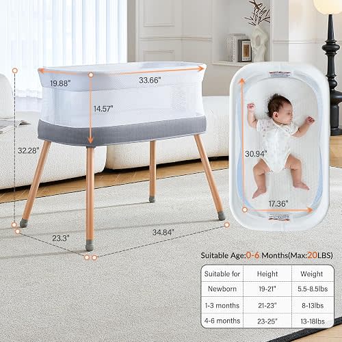 VaVaSoo Automatic Rocking Bassinet, Electric Bassinet with 3 Speeds,Self-Rocking Sleeper Soothing White Noise, Electric Bedside Crib for Infants 0-6 Months, Grey