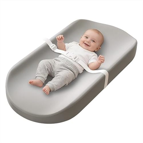YACODAVO Baby Changing Pad with Vegan Leather Cover, Waterproof & Wipe-Clean Changing Pad for Toddler, Flat Foam Travel Diaper Changing Pad for Dresser and Table, Grey