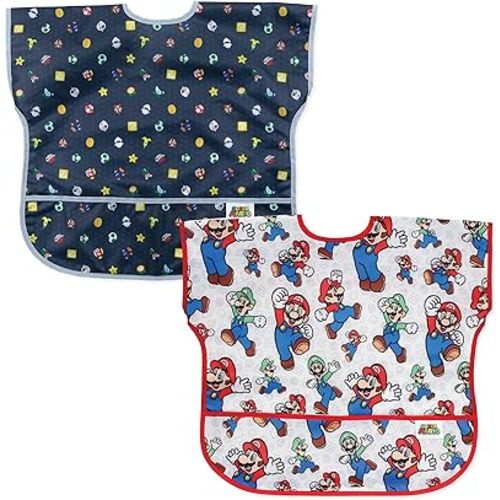 Bumkins Nintendo Super Mario Short Sleeve Bib for Girl or Boy, Toddler and Kids for 1-3 Years, Large Size, Essential Must Have for Junior Children, Eating, Play, Mess Saving Soft Fabric Apron, 2-pack