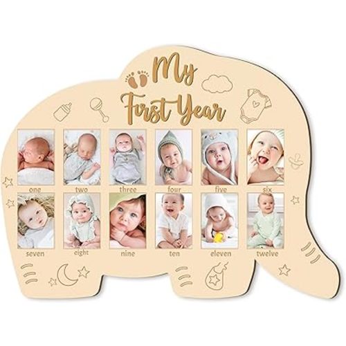 R HORSE My First Year Photo Frame - One Year of Baby Photo Board with Cute Elephant Shape, Monthly Milestone Wood Picture Display Milestone Picture Frame Nursery Baby Shower Party Decor Gift Supply