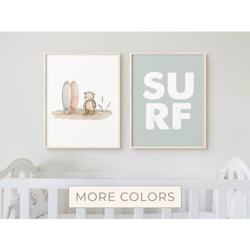 Nautical Nursery Decor for Baby, Boy Girl Kids Room Wall Art, Surf Teddy Bear Surfboard Print Set, Ocean Sea Surfer Gift PC17