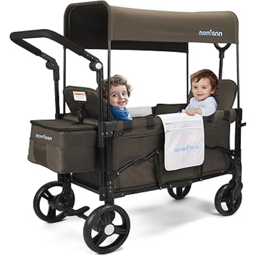Stroller Wagon for 2 Kids, Baby Wagon Stroller with Adjustable Handle for Infants and Toddlers Includes Canopy & Organizer, Foldable and Convenient for Storage, Brown