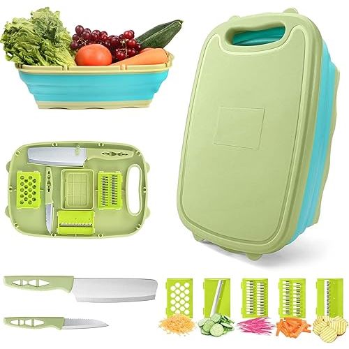 Camping Cutting Board, HI NINGER Collapsible Chopping Board with Colander, 9-In-1 Multi Chopping Board Kitchen Vegetable Washing Basket for Camping,Camping Gifts Camping Accessories for RV Campers