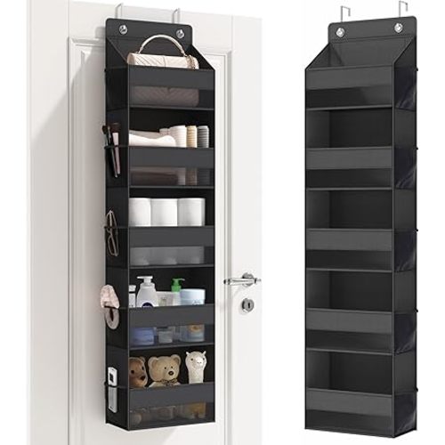 Fixwal Over Door Storage Organizer, 5-Shelf Wall Mount Upgrade Hanging Storage with 5 Large Pockets 10 Mesh Side Pockets for Pantry Bedroom Dorm Pantry Nursery Bathroom Diapers Clothes (Black)