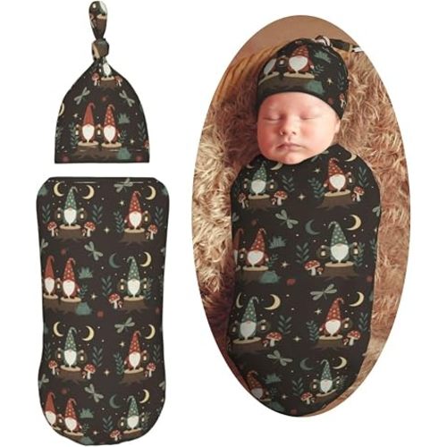 Cute Garden Gnome Frog Newborn Swaddle Blanket with Beanie Set Soft Baby Sack Stretch Adjustable Swaddle Wraps Receiving Blankets