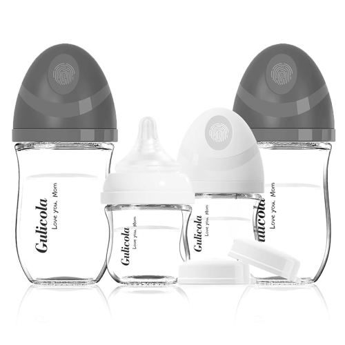 Juego de 4 biberones de vidrio natural, biberones de lactancia materna para recién nacidos con pezones de flujo lento, 0 meses en adelante, 3 onzas y 5 onzas, color negro/blanco