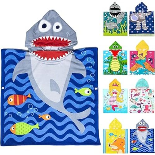 MOUNDHONG Cute Animal Hooded Beach Towel, Microfiber Bath Towels for Kids Toddler Infant Boy Girl, Animal Towels for Bath Pool Swim Swimwear Summer Beach Cartoon Shower Gifts (24x24 Inch, Shark Blue)