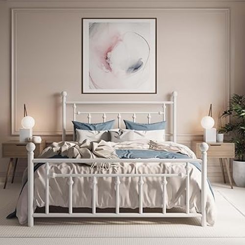 SHA CERLIN 14'' Full Size Metal Platform Bed Frame/Victorian Headboard and Footboard/Steel Slats Mattress Foundation for Storage/No Box Spring Needed/Noise Free/White