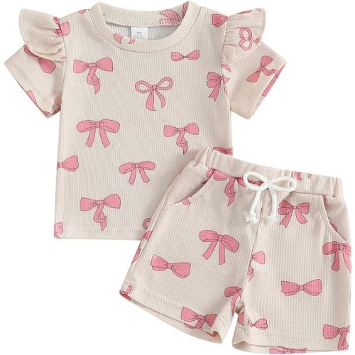 NZNDSHD Toddler Baby Girl Clothes Summer Bow Print Short Sleeve T-Shirt Tops Pockets Shorts Set Waffle Knit Outfit