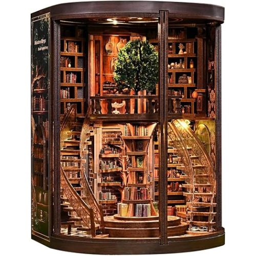 Wisdom Library Book Nook Kit for Adults - 3D Wooden Puzzle with LED Lights, Miniature Dollhouse Bookshelf Decor, Model Building Craft Set, Relaxing DIY Gift for Book Lovers, Teens, and Family