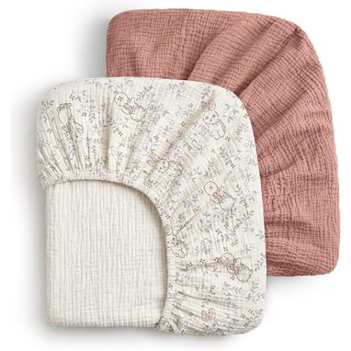 Blissful Diary Muslin Mini Crib Sheets, 2 Pack, Blush Bunny Floral & Pink