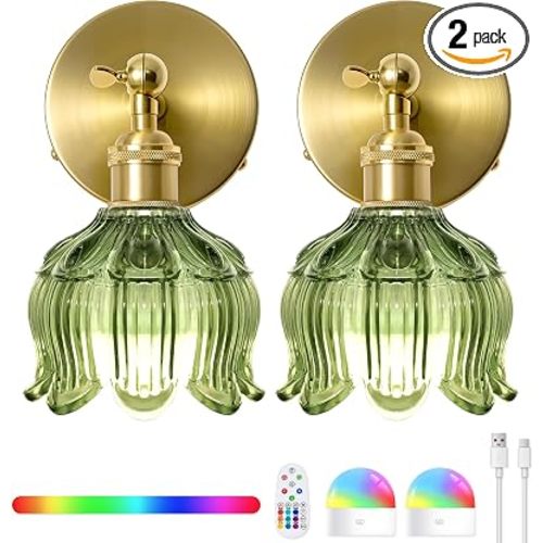 Vintage Battery Operated Wall Sconces - 5000mAh Rechargeable Dimmable Wireless Lights with Remote Control - Set of 2 Green Flower Glass Powered Light Sconce - Cordless Mounted Lighting for Bedroom