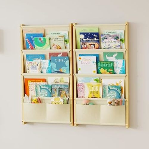 Wood 4-Tier Wall Mounted Kids Bookshelf – Floating Book Shelf For Kids Rooms,Nursery & Classroom, Hanging Bookcase Organizer For Books, Nursery Shelves, Toddler Book Shelf, Montessori Bookshelf 2Pack