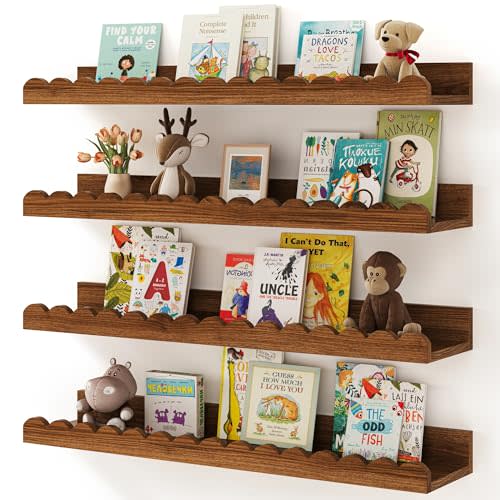 Shario Nursery Book Shelves, 4-Pack White Floating Shelves for Wall Kids, Scalloped Shelves, Wall Book Shelves for Bedroom Kids, Toddler Room, Baby Room, Nursery Decor
