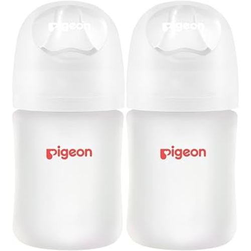 Pigeon Silicone Coating (Glass Inside/Silicone Outside) Baby Bottle, Wide Neck, Streamlined Body, Natural Feel, Easy to Clean, Heat-Resistant, 5 Oz (Pack of 2), Includes 2 pcs SS Nipples (0m+)
