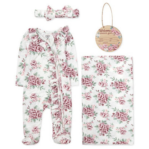 Baby Girls' Floral Print Coverall, Blanket, Headband and Wood Sign, 4-Piece Set