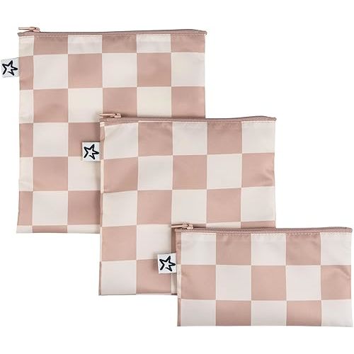 Tiny Twinkle 3 Pack Reusable Snack Bags - Machine Washable, PFAS, PVC, BPA, Phthalate-Free Reusable Baby and Toddler Food Safe Snack Bags (Beige Checkers)