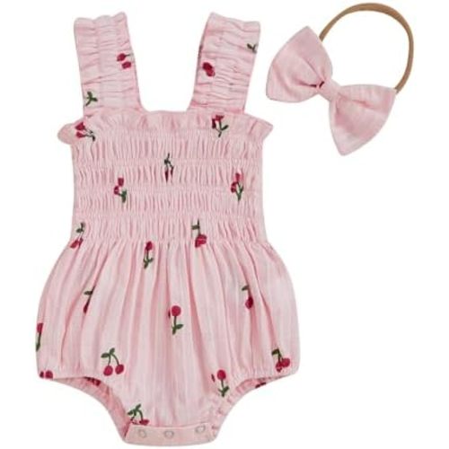 Emmababy Baby Girl Cherry Outfit Romper Sleeveless Ruffle Strap Cherry Dress Infant Newborn Plaid Bodysuit Summer Clothes