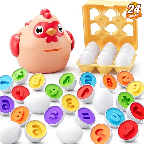Egg Toys for Toddlers 1-3, 24PCS Matching Eggs Shape Sorting Toy, Montessori Sensory Chicken Toys, Geometric Color Stacking Block Easter for Baby Boys Girls