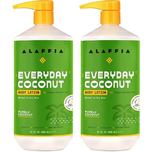 Alaffia Everyday Coconut Hydrating Body Lotion, Normal to Dry Skin, Moisturizing Oil is Support for Soft & Supple Skin, Purely Coconut, 2 Pack - 32 Fl Oz Ea