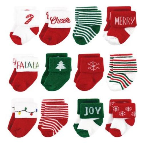 Hudson Baby Basics Infant Baby Cozy Terry Baby Sock 12-Pack, Christmas Cheer, 6-12 Months